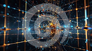 Visualization of neural network mesh with glowing nodes and connections symbolize complexity of AI and neural network processing.