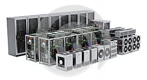 Modern Data Center Render of Servers for Cloud Computing and Network Infrastructure on White Background for Technology