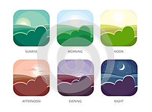 Visualization of various times of day. Morning, noon and night. Flat style vector illustrations