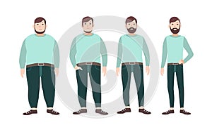 Visualization of weight loss stages of male cartoon character, from fat to slim. Concept of body changing through diet