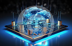 Visualize an advanced cloud computing network with a luminous ethereal cloud symbol interconnected with a futuristic