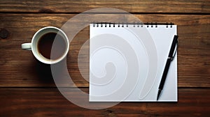 Blank notepad flat lay design with coffee cup on wooden table