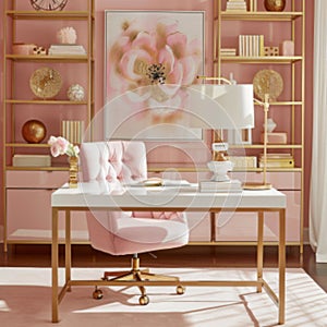 Visualize a chic office space that combines the calming effects of pink