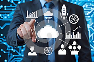 Cloud computing and business analytics solutions with businessman pointing technology on background