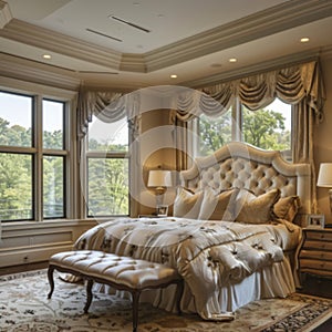 Visualize a grand, opulent bedroom where the emphasis is on space and light
