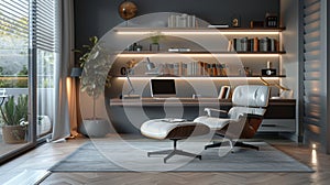 Visualize a modern luxury study room with a sleek, ergonomic workspace, shelves adorned with books and personal artifacts AI