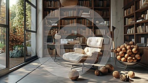 Visualize a modern luxury study room with a sleek, ergonomic workspace, shelves adorned with books and personal artifacts AI