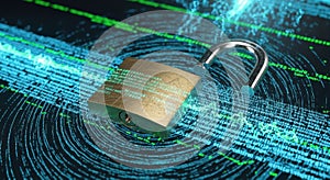 Secure digital data protection concept with an open padlock amidst glowing green binary code streams