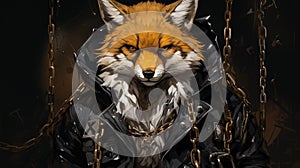 Visualize a suave fox in a leather bomber jacket, adorned with silver studs and a chain necklace