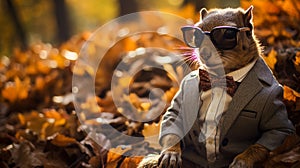 Visualize a suave squirrel in a tailored blazer, accessorized with a pocket square