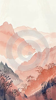 Visualize a tranquil mountain vista in a minimal watercolor style, the peaks and valleys rendered in calming, rhythmic peach tones