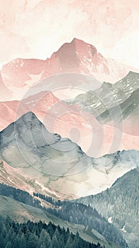 Visualize a tranquil mountain vista in a minimal watercolor style, the peaks and valleys rendered in calming, rhythmic peach tones