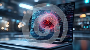Visualizing complex data with a digital representation of a virus on a laptop screen