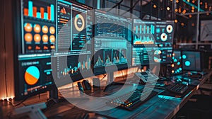 Visualizing Complex Data Multiple Computer Screens Display Diverse Information