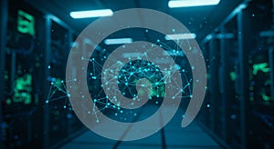 Visualizing data flow within a server room, showcasing network connectivity