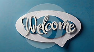 3D Welcome Text in Speech Bubble on Blue Background