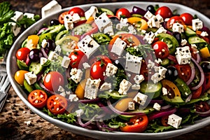 A visually appealing display of a fresh and colorful Greek salad, highlighting the crispness of the vegetables and the tangy feta