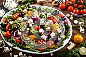 A visually appealing display of a fresh and colorful Greek salad, highlighting the crispness of the vegetables and the tangy feta