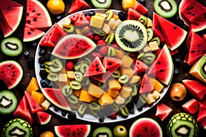 A visually appealing display of a fresh fruit platter, featuring slices of watermelon, pineapple, kiwi, and other seasonal fruits