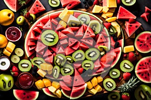 A visually appealing display of a fresh fruit platter, featuring slices of watermelon, pineapple, kiwi, and other seasonal fruits