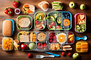 A visually appealing scene featuring neatly arranged kids\' lunch boxes set against a warm wooden background.