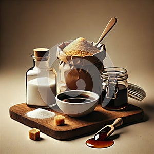 A Variety of Sweeteners: Cane Sugar, Brown Sugar, Maple Syrup and white sugar AI-GENERATED