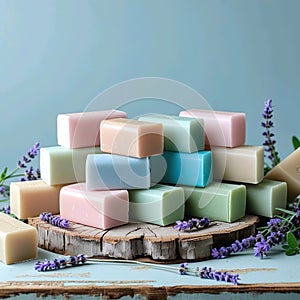 artisanal soap bars with lavender on rustic wood and pastel background