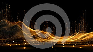 Golden Digital Waves and Particles on Black Background Representing Abstract Energy Flow