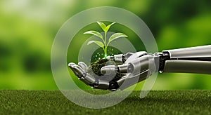 Robotic Hand Holding Soil with Sprouting Plant â Technology and Sustainability Concept