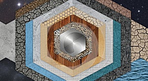 Intricate hexagonal pattern with metallic center and textured layers abstract geometric design