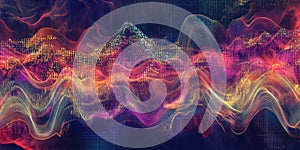 A visually dynamic abstract background featuring cascading waves of luminous binary code, softly