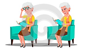 Visually Impaired Elderly Woman Reading A Book Vector. Isolated Cartoon Illustration