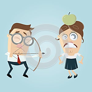 Visually impaired man aiming at a woman with an apple on her head