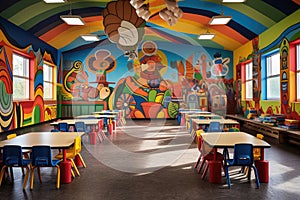 A visually stimulating classroom adorned with colorful walls and furnished with vibrant tables and chairs, A vibrant kindergarten