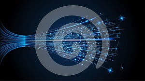 Abstract blue light trails emanating from central point symbolizing high speed connectivity and data flow