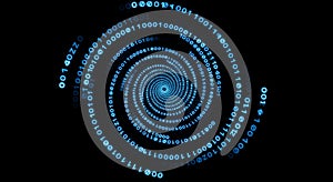 Digital Data Stream: Abstract Binary Code Spiral in Dark Background
