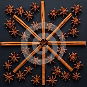 Star Anise and Cinnamon Sticks Arranged in a Mandala Pattern