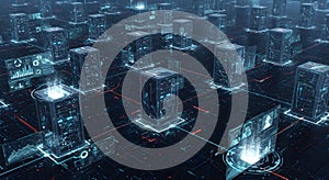 Futuristic network servers visualization with streaming data and analytics dashboards