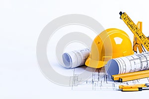 Architectural Blueprint Composition with Construction Tools on Blue Background - Ideal for Architectural, Engineering, a