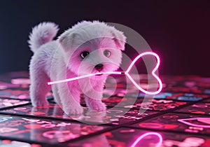 Fluffy Puppy Holding Neon Heart on Illuminated Tiles â Futuristic Love and Digital Pet Concept