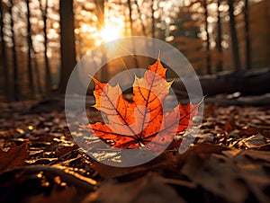 Visually Striking Image of Vibrant Orange Maple Leaves on Forest Floor, Bathed in Golden Sunlight. Generative Ai