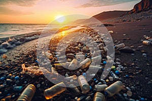 A visually striking photo of a polluted beach with plastic bottles and garbage, urging viewers to reconsider their plastic