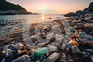 A visually striking photo of a polluted beach with plastic bottles and garbage, urging viewers to reconsider their plastic