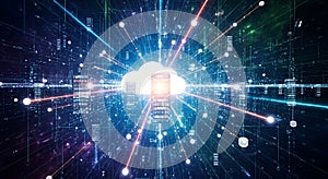 A futuristic cloud computing network with vibrant data streams and glowing connections