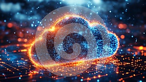 Digital cloud computing icon with glowing blue and orange pixels.