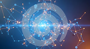 Complex network structure with interconnected nodes and lines in blue and orange hues representing data flow and connectivity