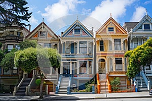 A visually striking scene of a row of houses painted in vibrant colors in San Francisco, Vintage Victorian homes in San Francisco
