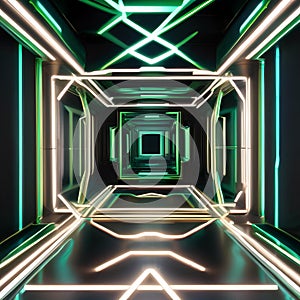 A visually stunning 3D composition with lively green neon lines moving dynamically over a dark and mysterious canvas1