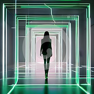 A visually stunning 3D render of abstract green neon lines dancing dynamically, leaving radiant trails on a profound black canva