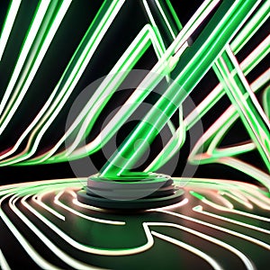 A visually stunning 3D render of abstract green neon lines dancing dynamically, leaving radiant trails on a profound black canva